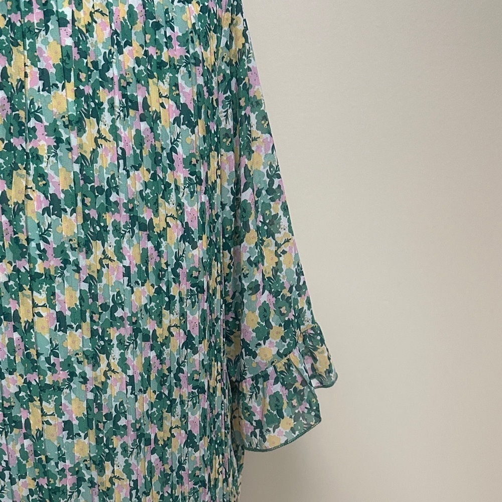 Melloday Green Floral Pleated Ruffle Trim Mini Dress Spring Summer Boho Size M - Picture 4 of 6